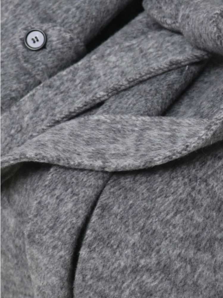 ZMEENNA Elegant Womens Gray Wool Blend Long Coat With Classic Lapel Collar Belted Waist And Front Pockets Warm ZM3880 J251124