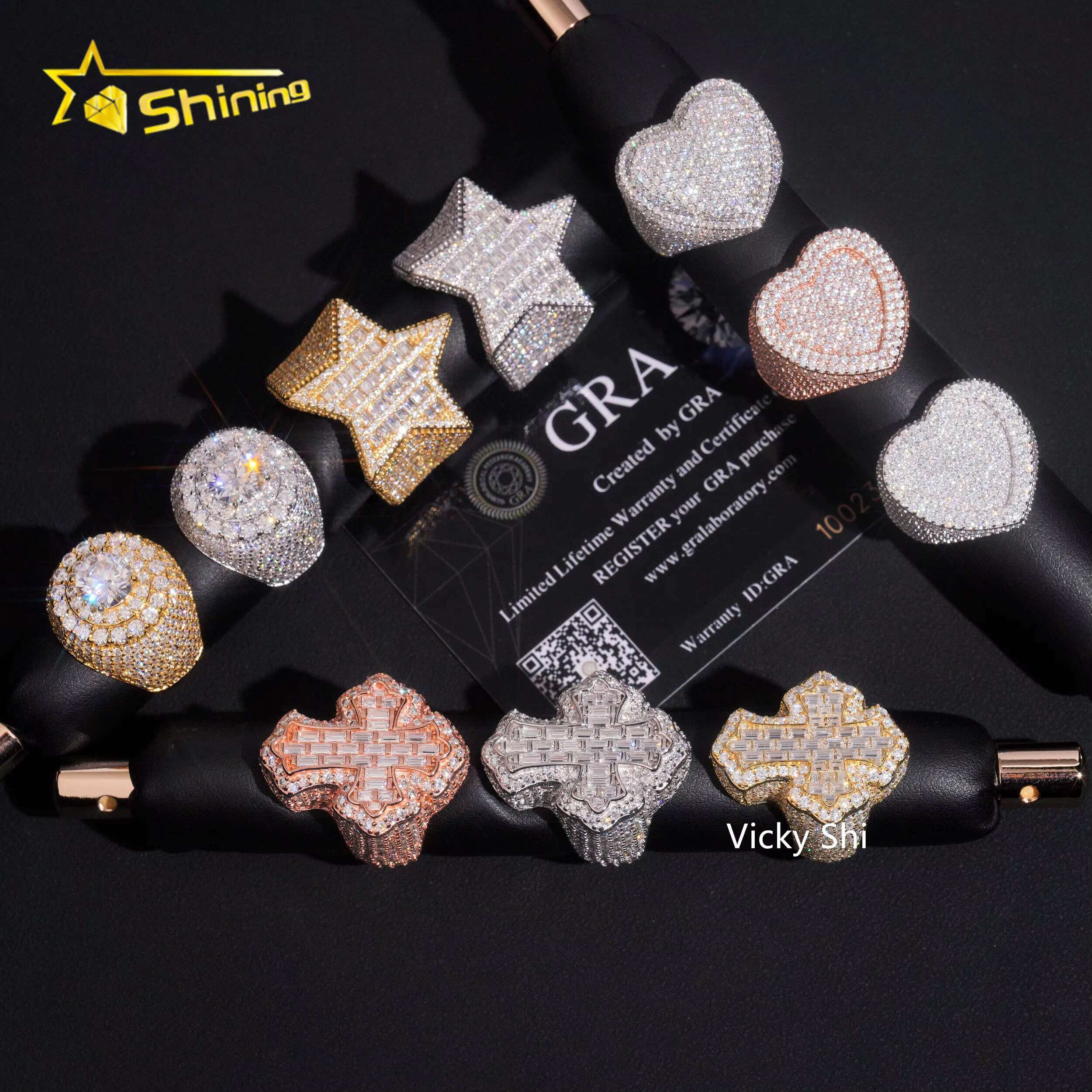 Hip Hop Jewelry 925 Sterling Silver VVS Moissanite Ring Men Iced Out Cross Heart Star Shape Rings Collection Rings Daily Wear