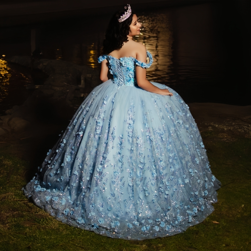 Sky Blue Quinceanera Dresses Off Shoulder Ball Gown Sweet 16 Dress Applique Flower Beading Crystal Tull With Cape Birthday Party Vestidos 15 Anos