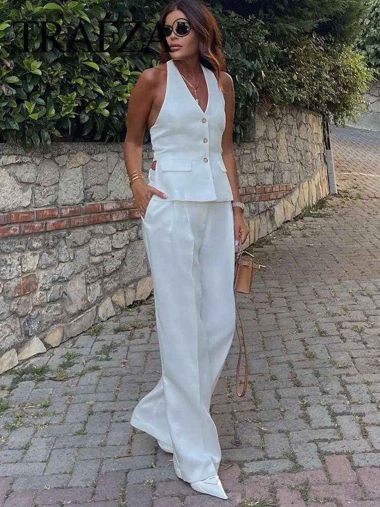 TRAFZA Women Fashion Solid Pant Suit Halter Single Breasted Sleeveless Blazer Vest Top Zipper Fly Trousers Office Lady Sets
