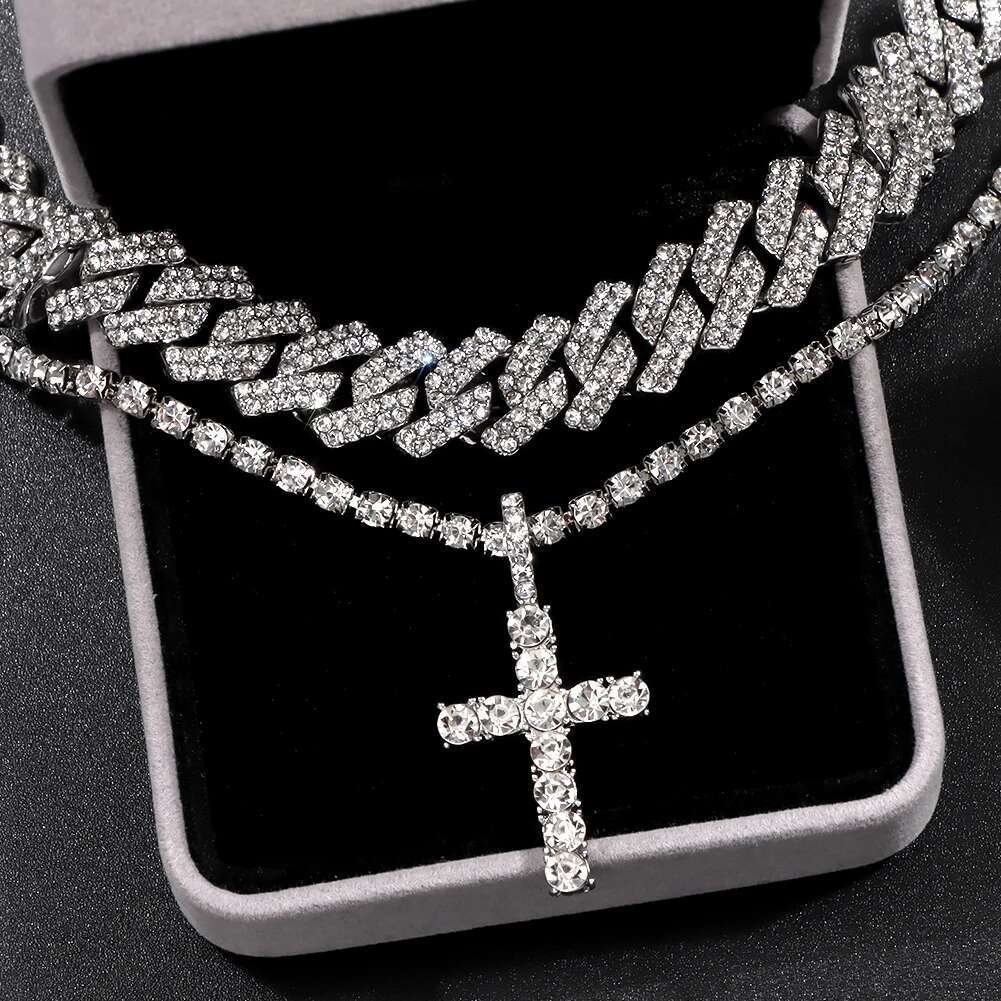 2Pcs Golden Cross Necklace Prong Cuban Link Chain for Women Men Iced Out Full Rhinestone 14MM Hiphop Cuban Necklace Set Jewelry