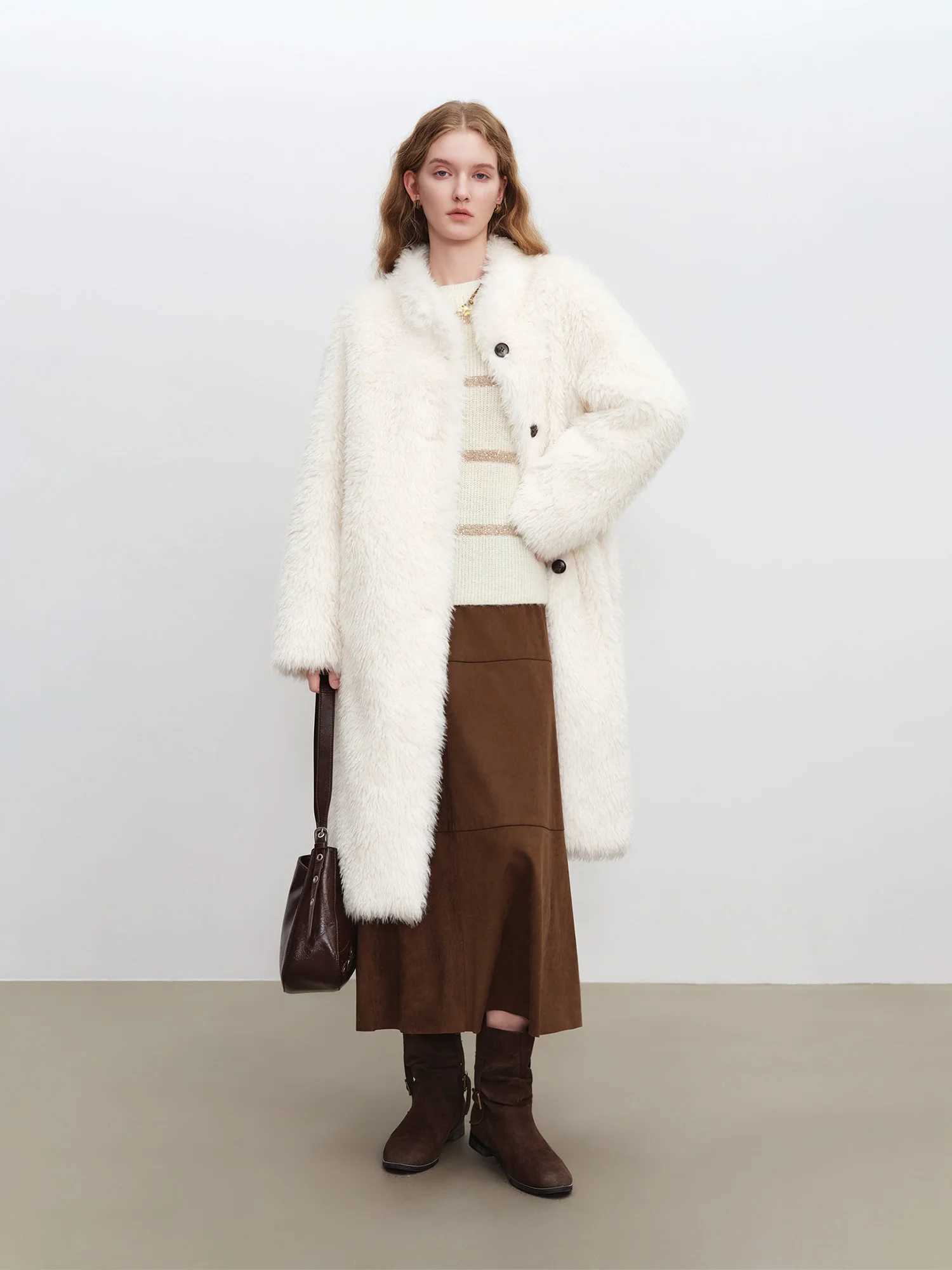 ZIQIAO Petite Womens Mid-Length Stand Collar Korean Style White Duck Eco-Friendly Faux Fur Coat 2025 Winter New Arrival Coats J251124