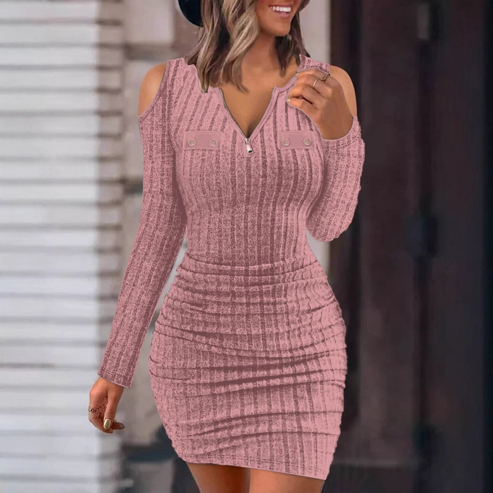 2023 Autumn/Winter New Solid Color Zipper V-neck Tight Bag Hip Slimming Sexy Long Sleeve Dress for Women