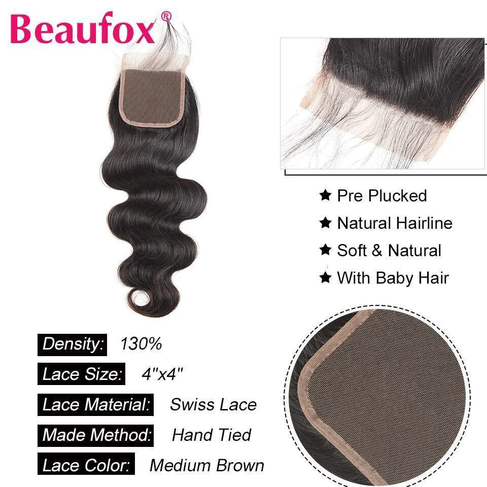 Beaufox Body Wave Brazilian Weave 3/4 Natural Human Hair Bundles With Closure