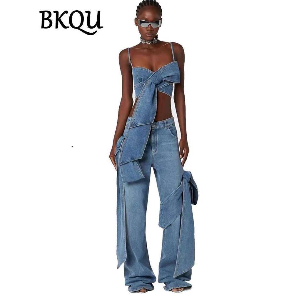 BKQU Denim Pants Set Women 2024 Designer Outfits Bows Spaghetti Straps Corset Tank Tops And Wide Leg Straight Jeans 2 Piece Sets