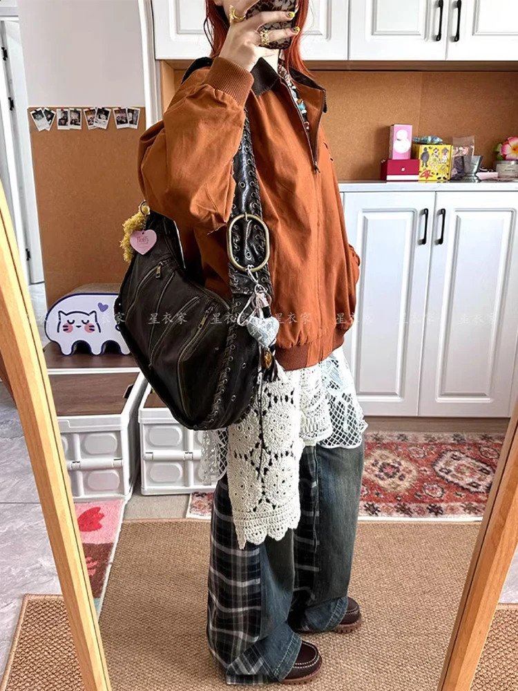 Womens Y2k bagged jeans Harajuku Japan 2000s style oversized splicing work plain denim Trouser retro jeans garbage clothing 250422