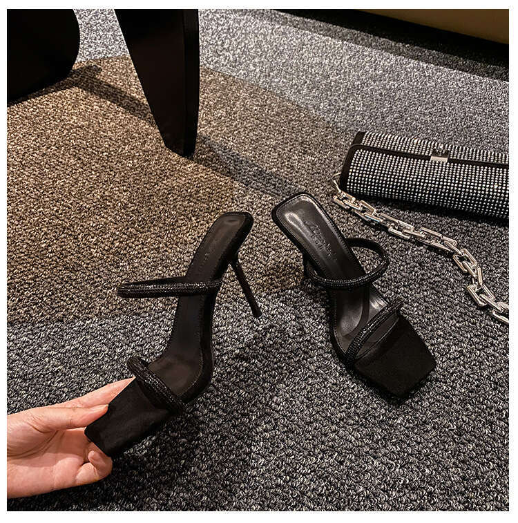 Woman Sandals Summer New Internet Celebrity Rhinestone High Sexy Slim Heels Square Open Toe Roman Sandals For Women