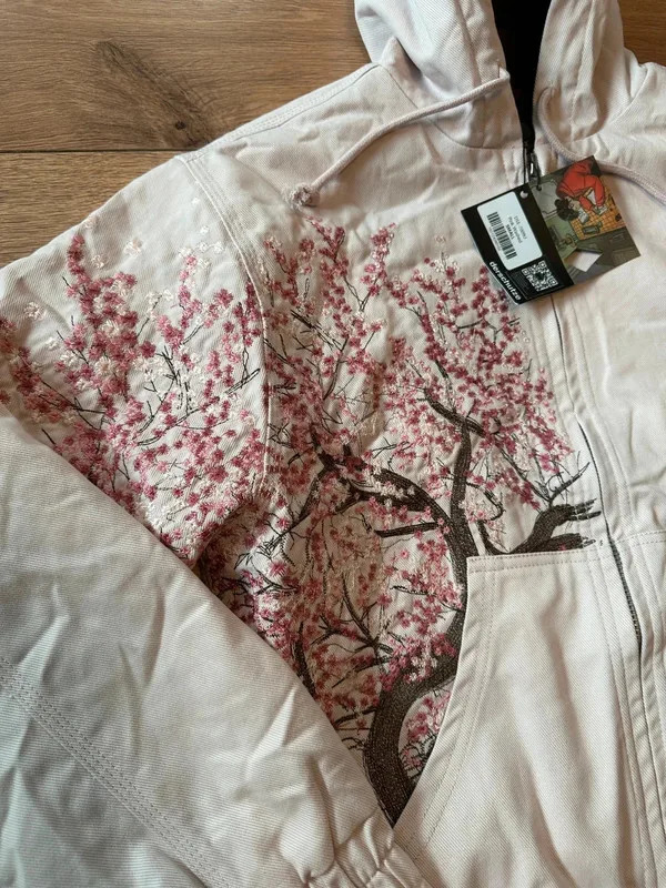 American Retro Cherry Blossom Embroidered Hooded Y2K Jacket Mens Womens Zipper Jacket with Flower Tree Pattern Street Style251119