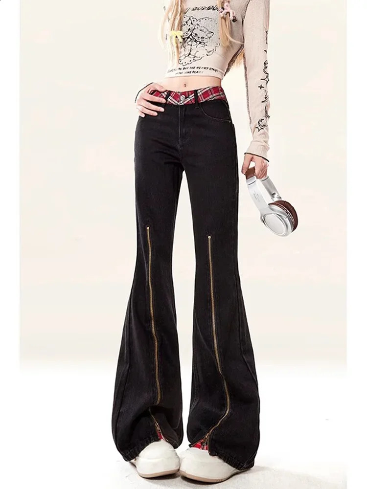 Retro plaid patchwork work flash jeans for women high waisted slimming straight leg denim pants oversized Y2k 2000s trash can 250422