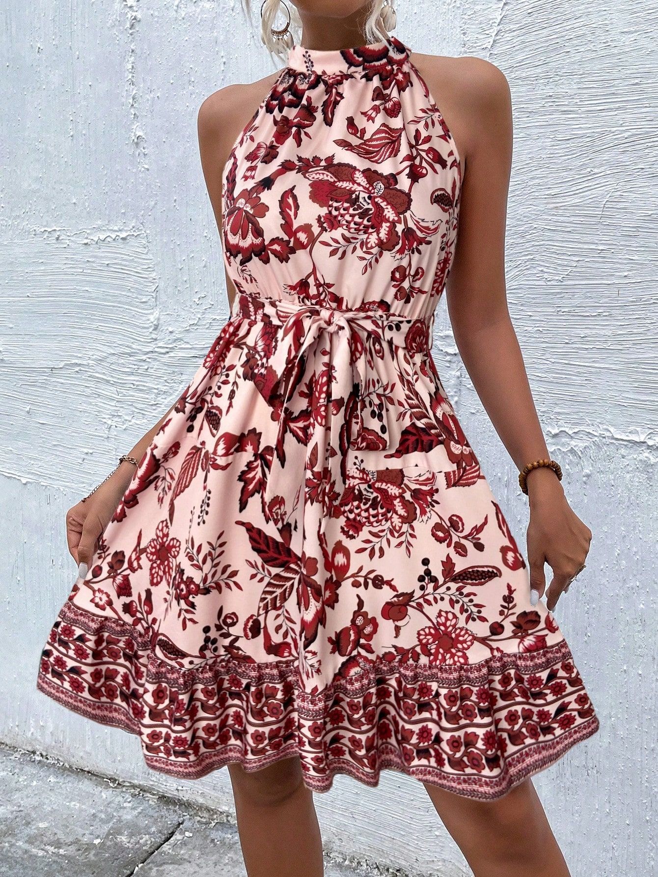 2025 New Summer Floral Hanging Neck and Waist Sleeveless Printed Dress for Women