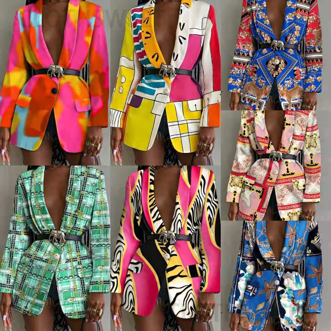 2021 autumn new fashion printed shawl collar single breasted belt suit coat women
