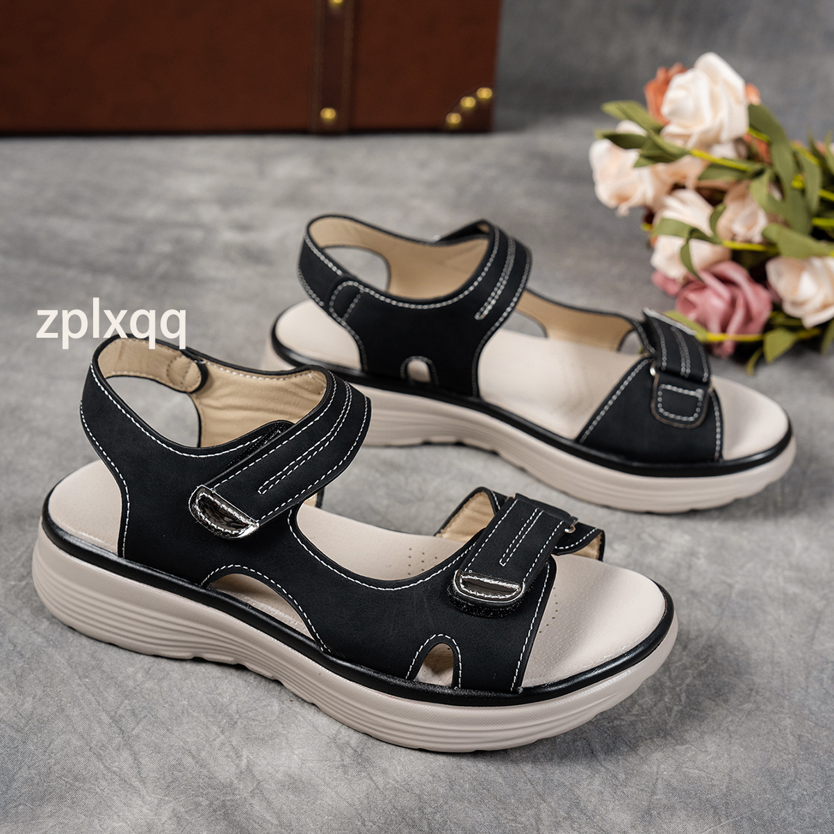 Women's Summer Casual Black Platform Wedge Sandals Open Toe Breathable PU Upper Women | Casual Strappy Sandals