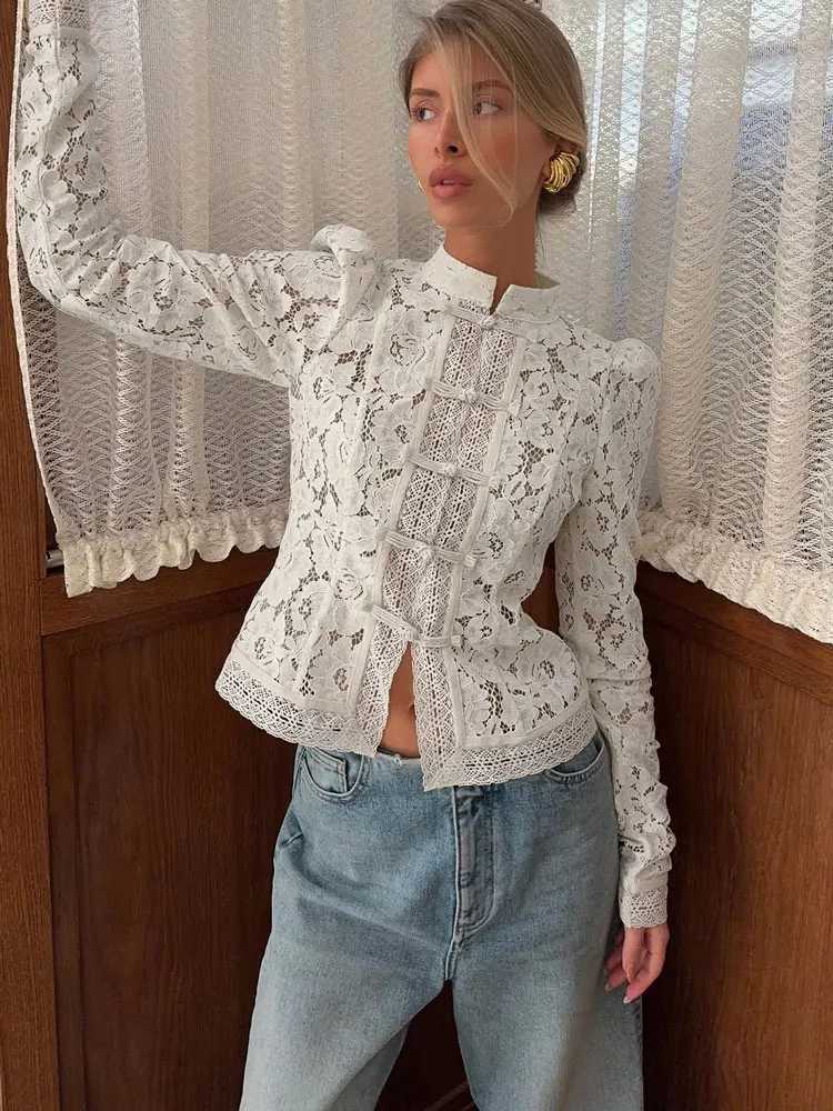 Tossy Summer Lace Printed Shirts Tops Female Hollow Out Fashion Commute Vintage See-Through Blouse Womens Lace Shrug Shirts New J251124