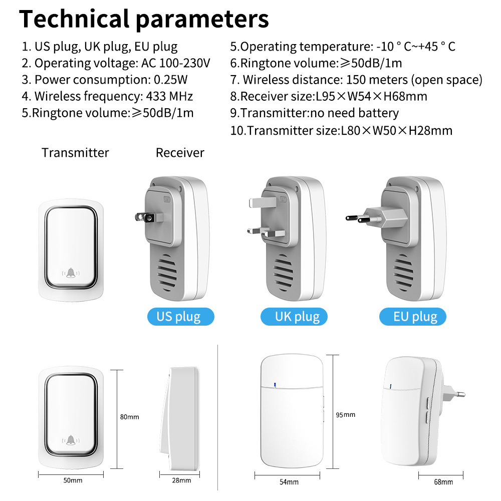 SIXWGH Wireless Doorbell No Battery required Waterproof Door bell Sets Home Outdoor Kinetic Ring Chime Doorbell