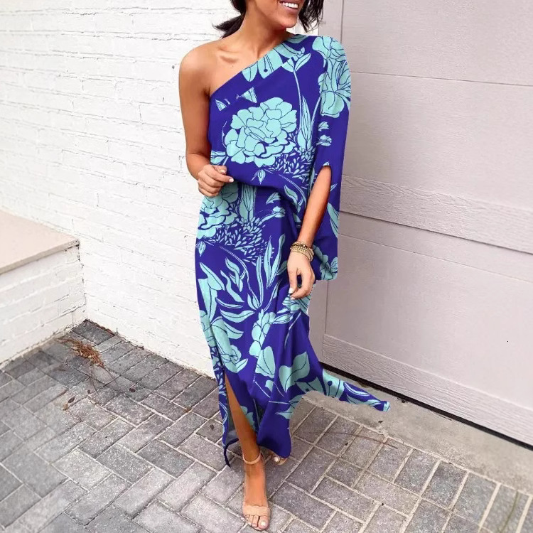2022 summer loose off shoulder and waist print womens dress