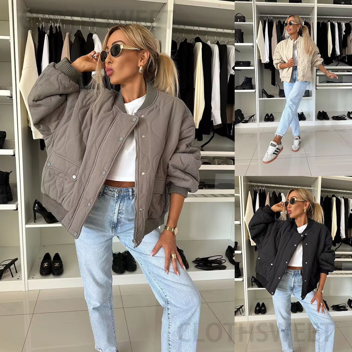 2024 new winter solid color long sleeved casual button zipper cotton jacket for women
