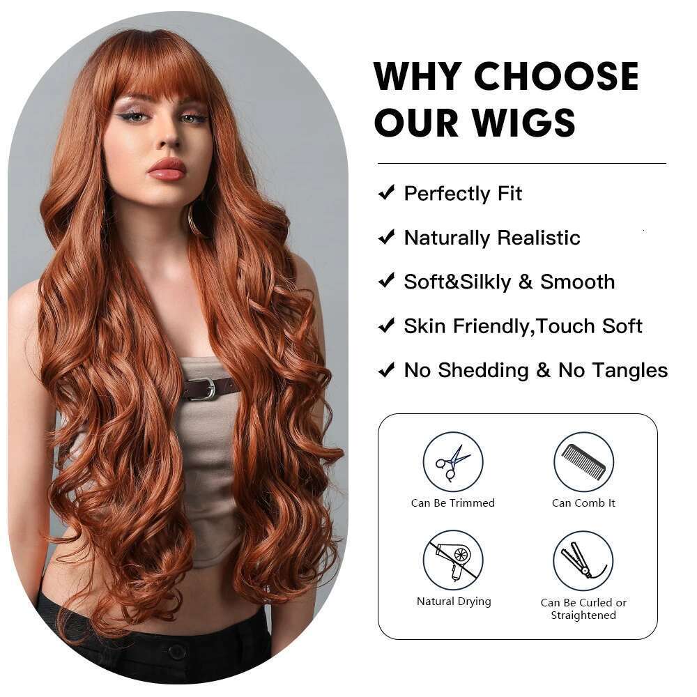 GEMMA Copper Ginger Long Wavy Synthetic Red Brown Wigs With Bangs For Women Natural Hair Cosplay Daily Wig Heat Resistant