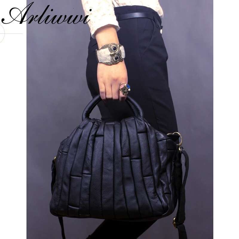 Arliwwi REAL LEATHER Tote Handbag For Women Genuine Cowhide Handmade Patchwork Elegant Cross Body Bags Lady Gj01