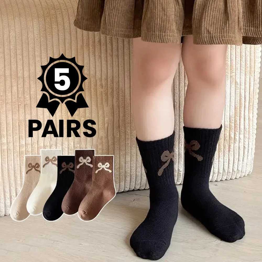 5 pairs childrens high-elasticity solid-color sports socks with bowknot patterns suitable for autumn and winter G251124