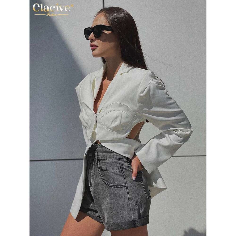 Clacive Sexy Slim White Women's Blouse 2025 Fashion Lapel Long Sleeve Shirt Elegant Classic Hollow Out Top Female Clothing