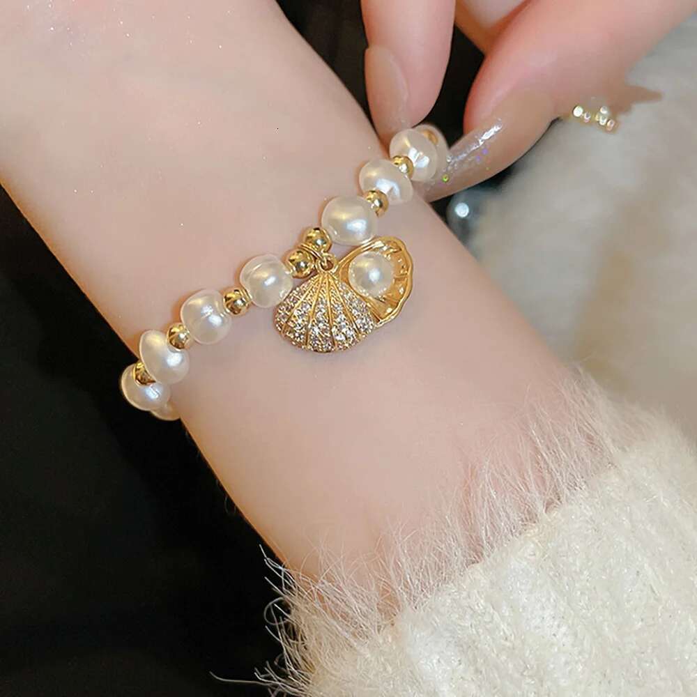 Sterling Sier Zircon Beach Shell Baroque Pearl Charm Bracelet for Women Bohemian Fashion European Jewelry US Stock
