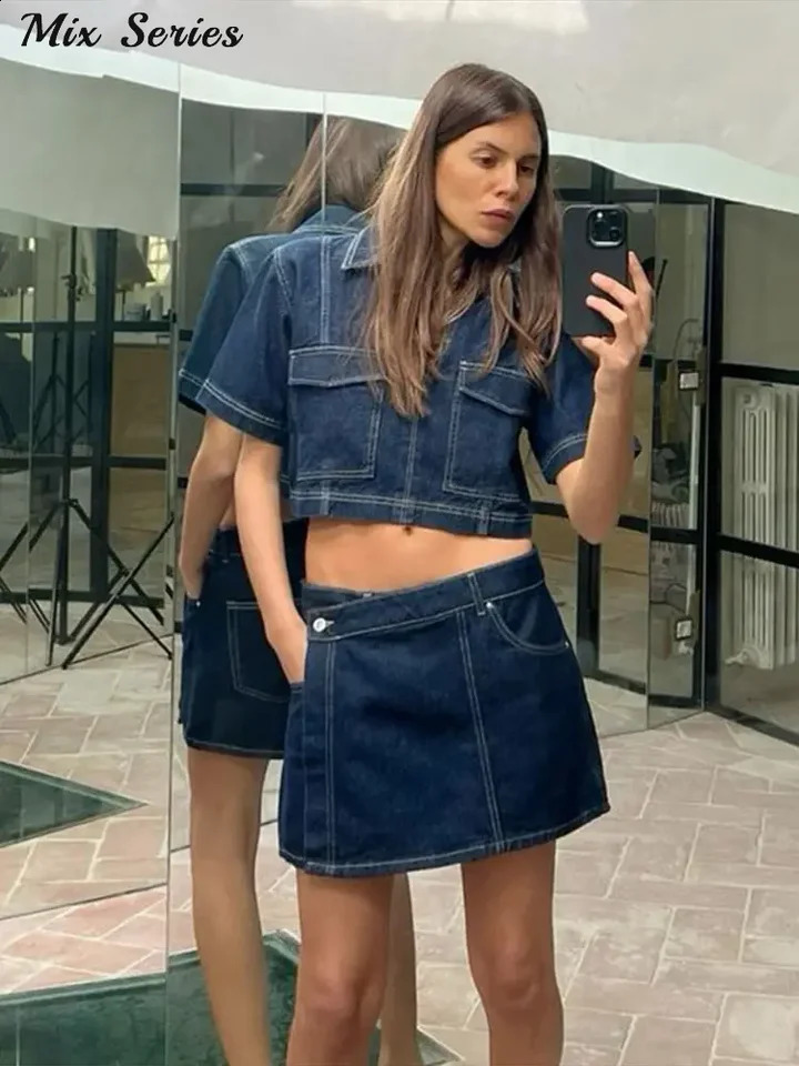 Denim irregular hem tight shorts set for womens ultra-thin short sleeved V-neck crop top high waisted shorts womens Y2k streetwear 250422