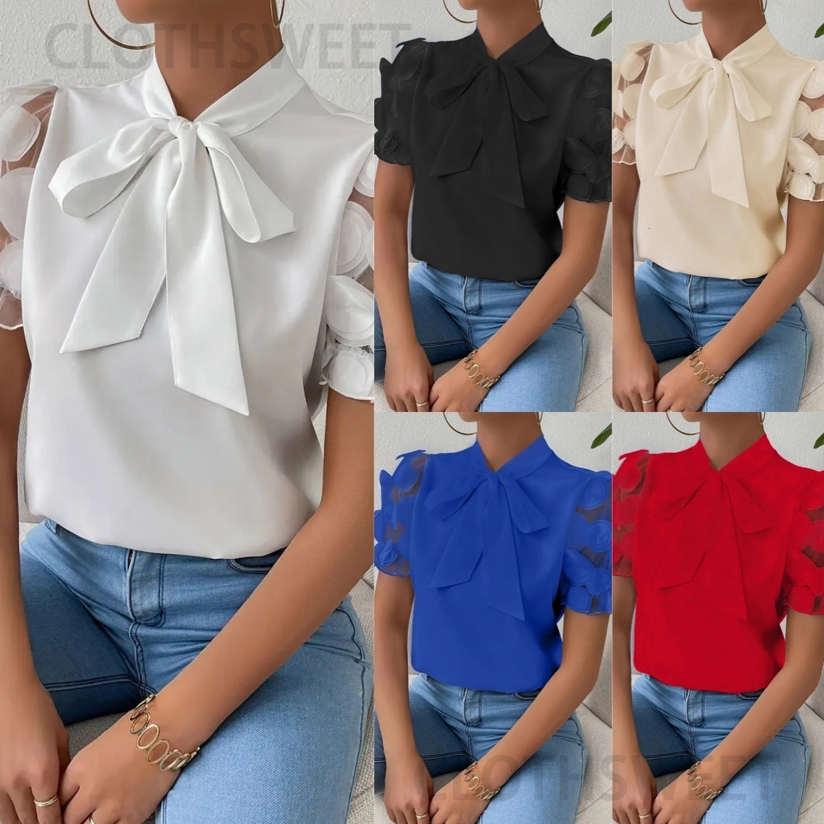 2025 New Summer Commuter Solid Color Simple Strap Bow Short Sleeve Shirt for Women