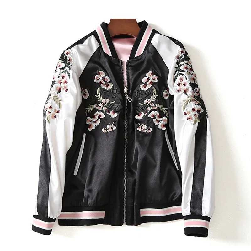 Womens Satin Sukajan Embroidered Bomber Baseball Jacket 2 Double Sided Female Coat Floral Harajuku Autumn Japanese silk Girls J251124