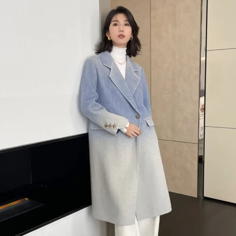High Quality Women Gradient Color woolen cloth Coat Female Temperament Long Below The Knee Outwear Casual Fashion Outcoat 251121