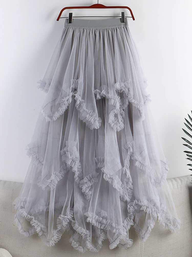 TIGENA TUTU TULLE Womens Long Dress Summer Korean Beauty Cute Irregular Mesh High Waist Long Dress Womens M250424