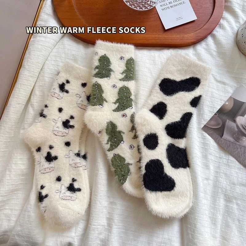 3 Pairs Girls Soft Mink-fur Off-White Animal Print Socks Cute And Comfortable Kids Footwear G251124
