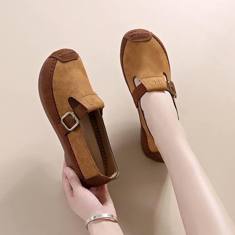 Block Spring/Autumn 2024 Genuine Leather Women Round Toe Chunky Heel Loafers Retro New Pumps T-tied Ladies Shoes fd88