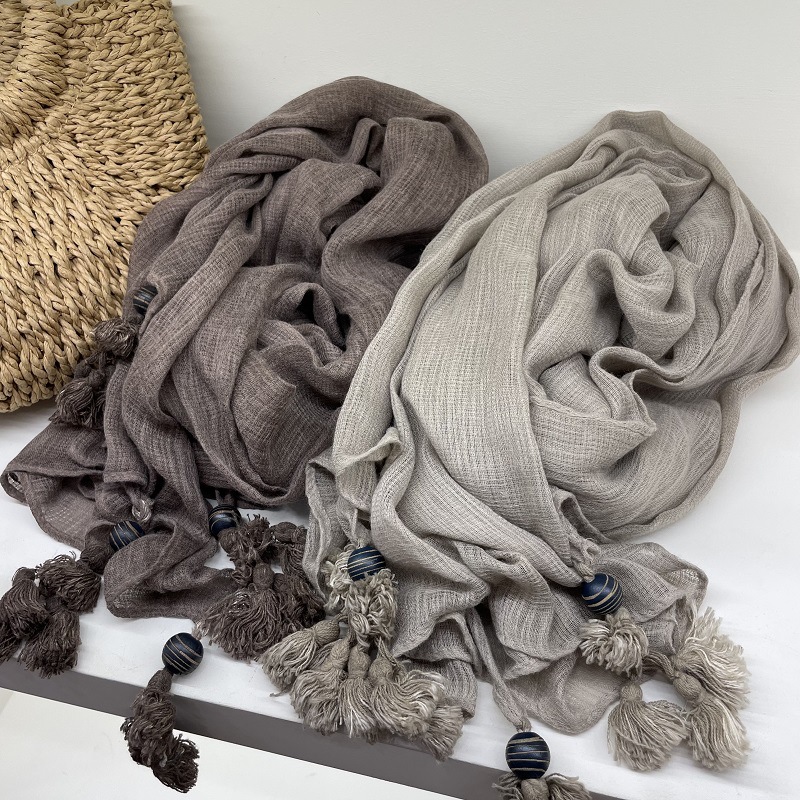 K507 Cotton and linen scarf for women, retro artistic wooden beads hanging beard, solid color silk scarf, spring, autumn and winter versatile long cas