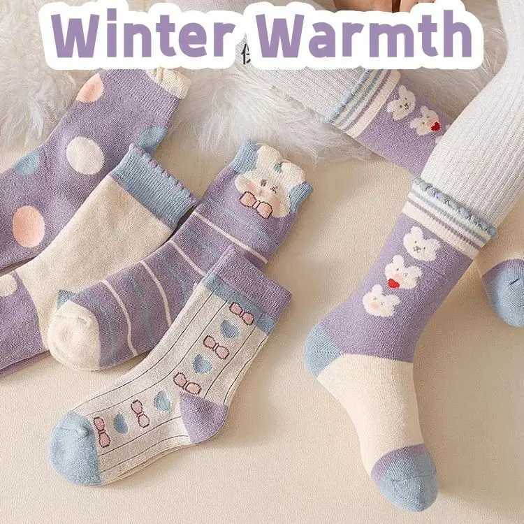 Girls Winter Socks Thick Cotton Warm Socks Little Big Girls Floral Bunny Socks 5 Pairs/bag Baby Calf-length Thermal Terry Socks G251124