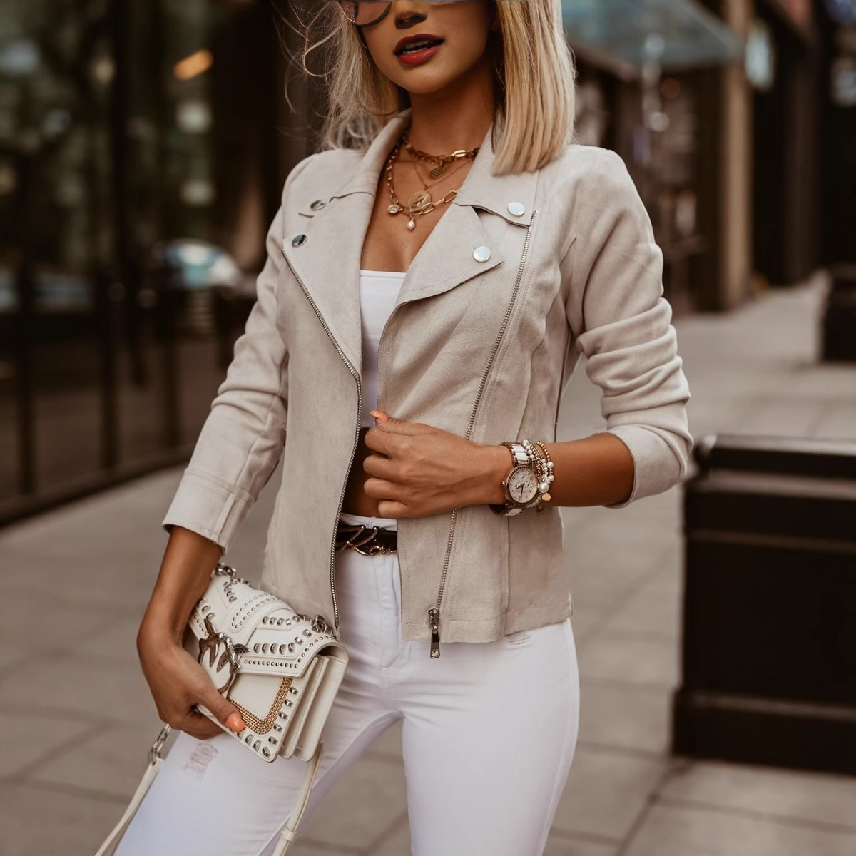 2024 WSIH autumn and winter solid color slim fit diagonal zipper lapel short jacket for women