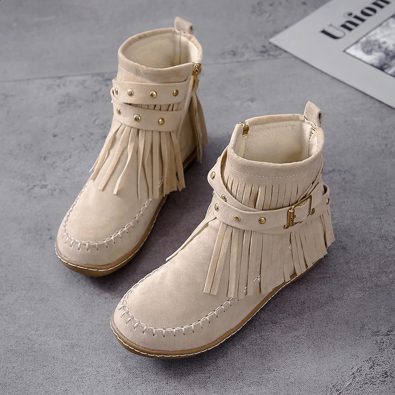 Ankle Boots Womens Flat Shoes Fringed Gothic Female Sneakers Woman Cowgirl Elegant Belt Buckle Rivet Plus Size 43 Socofy 250418
