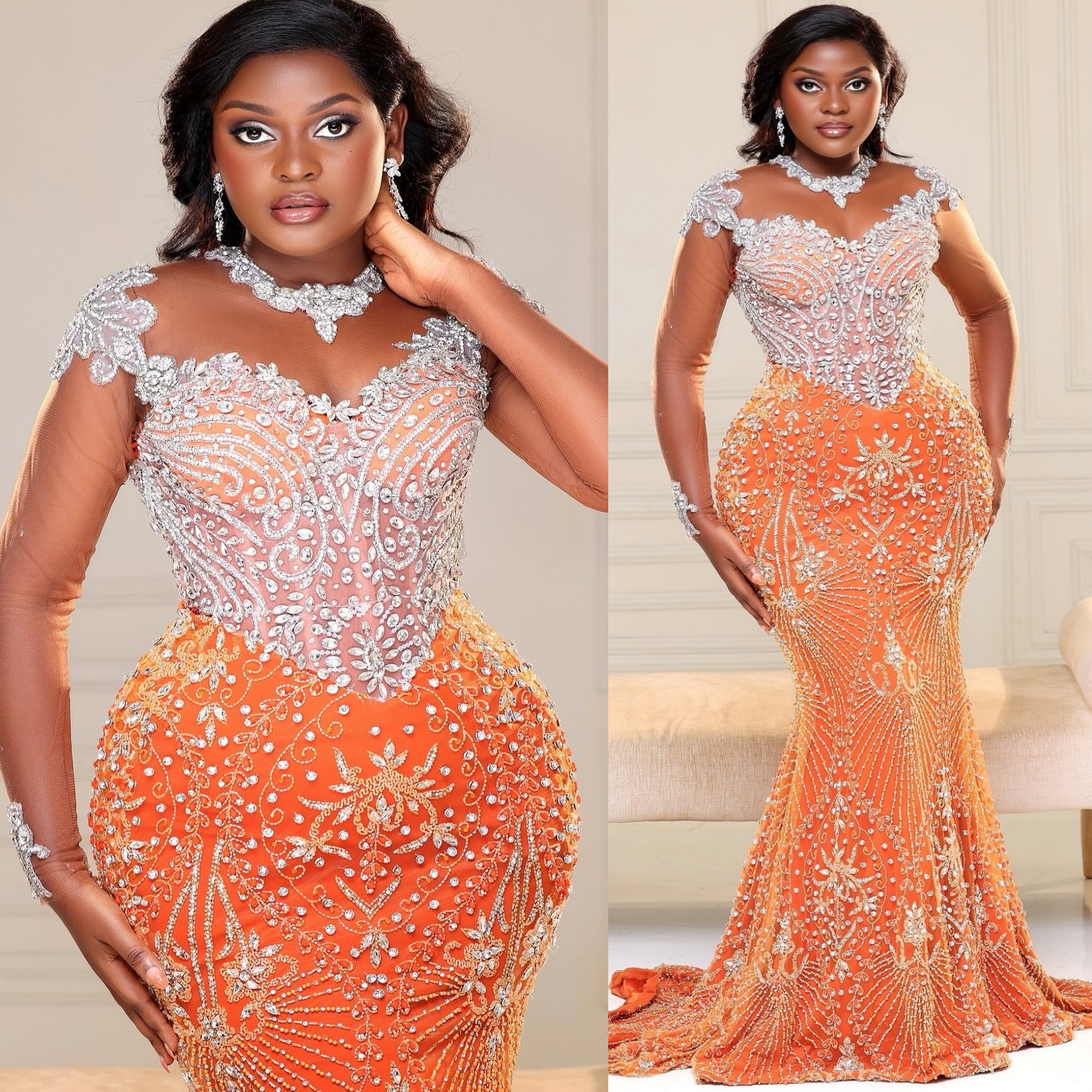 Mermaid Orange Plus Size Prom Dresses 2025 Lace Crystals Full Sleeves Evening Formal Party Second Birthday Engagement Gowns Dress For Special Occasion