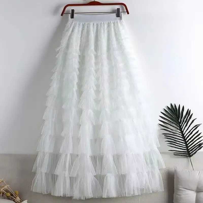 Chamliforve womens chiffon mesh skiing elegant elastic waist fairy long A-line Tutu skiing spring and summer long cake skiing M250424