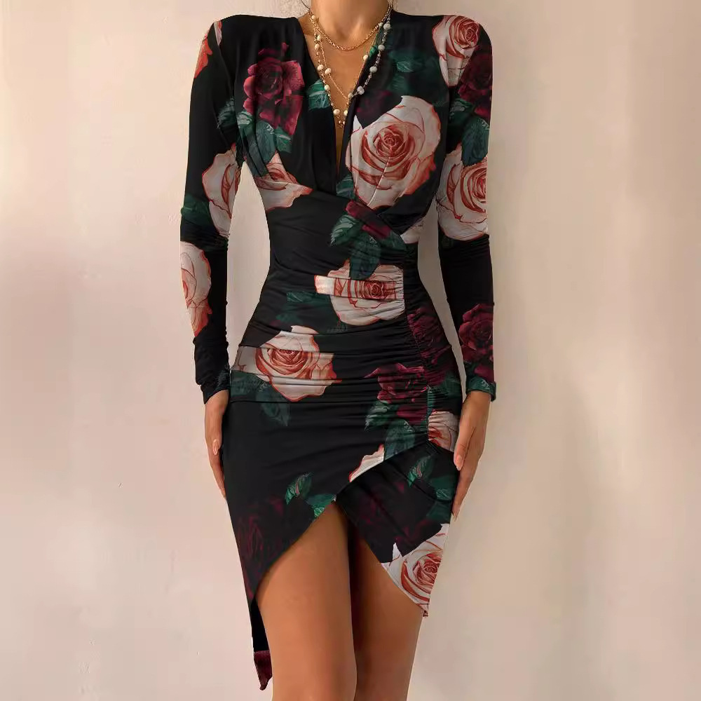 Aw2021 long sleeve V-neck print tight split dress womens wear
