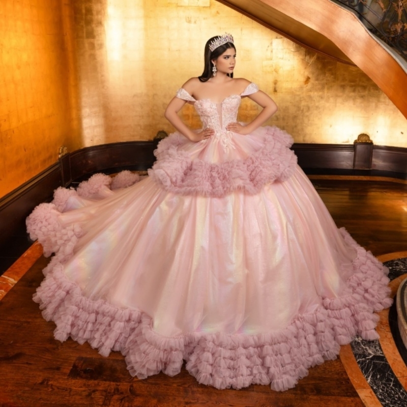 Pink Shiny Quinceanera Dresses Off Shoulder Ball Gown Sweet 16 Dress Sequin Applique Lace Beads Tull Birthday Party Vestido 15 Anos