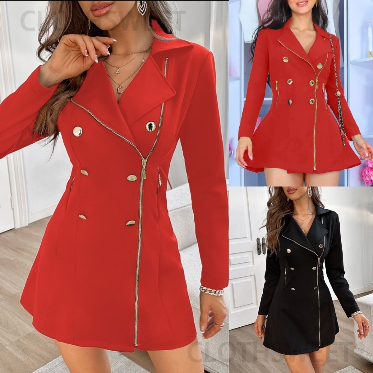 2024 Autumn Fashion Personalized Solid Color Double breasted Zipper Dress for Women