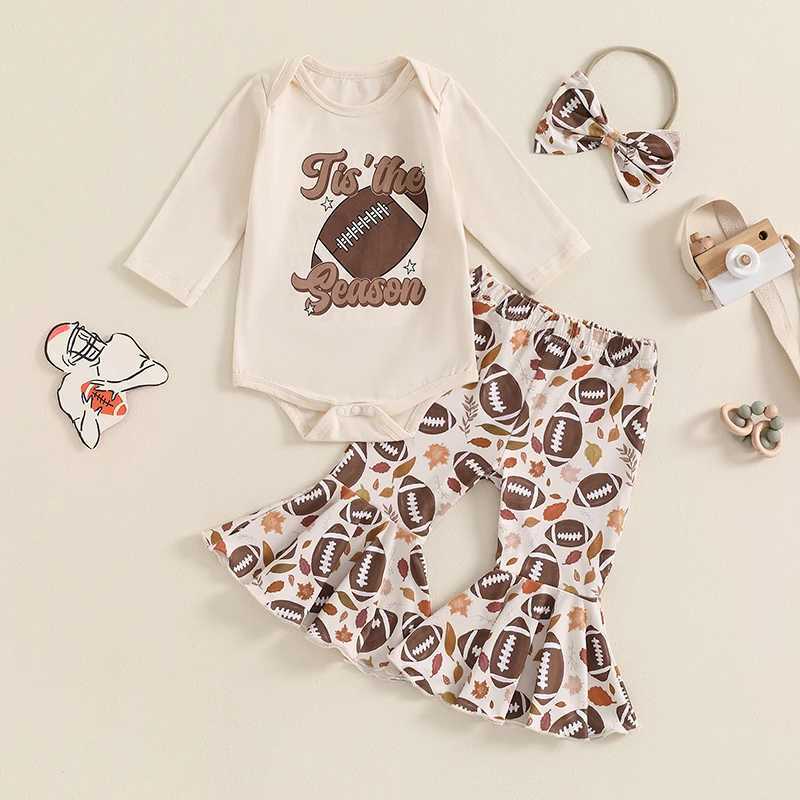 Clothing Sets 2024-05-31 Lioraitiin Baby Girls Fall Outfits Rugby Print Long Sleeves Romper and Elastic Flared Pants Headband 3 Piece Set R250424