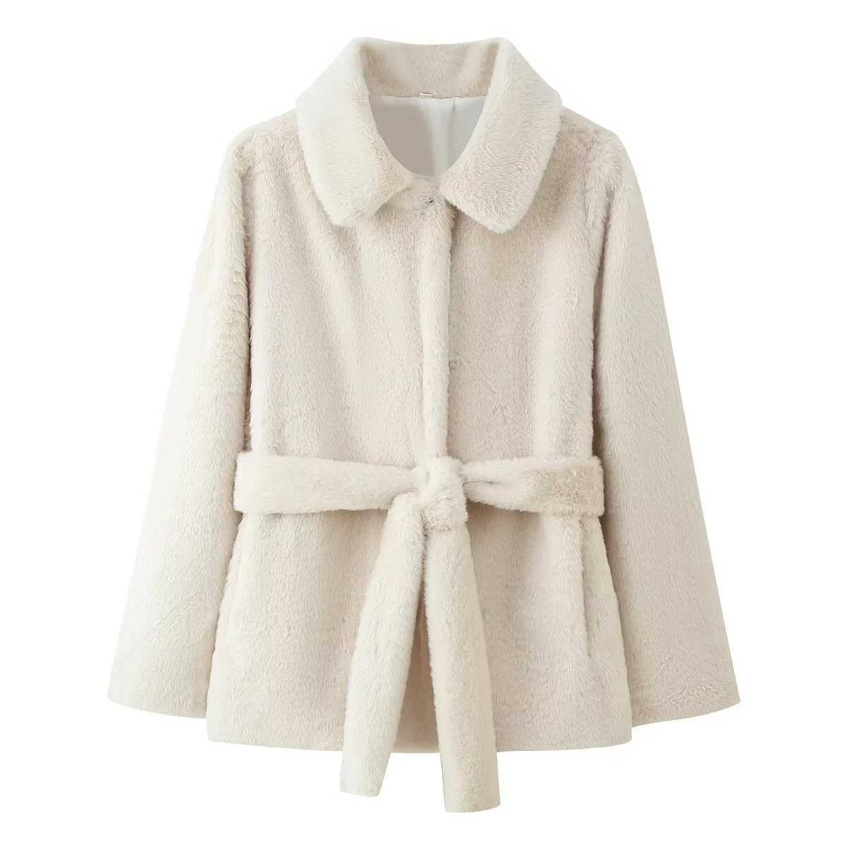 2025 Winter New Womens Casual Fashionable Simple Elegant Versatile Lapel Long Sleeve Coat with Belt and Faux Fur Effect J251124