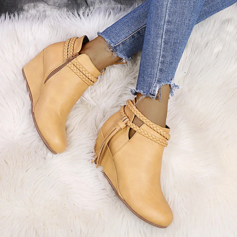 Retro Women Platform Boots Tassel Wedges Boots Women Zipper Solid Color Short Booties Round Toe Shoes for Women Zapatos De Mujer 250418
