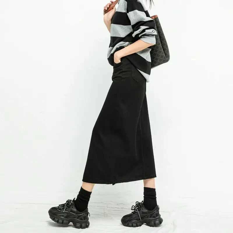 Split style denim womens high waisted loose A-line skiing Korean elegant black skiing spring fashion mid length skiing M250424