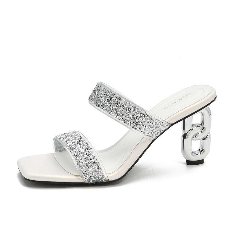Woman Sandals Summer New Silver Glitter Strap High Heel Slippers For Women Wearing Square Headed Open Toed Sandals With Irregular Heels