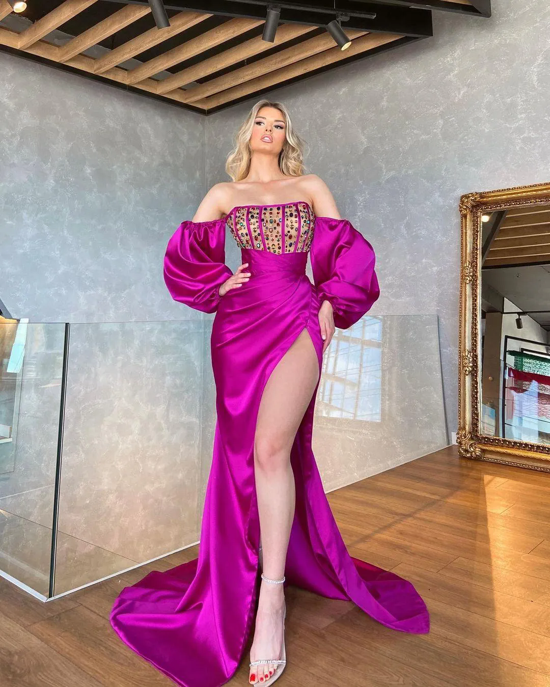 Fuchsia Plus Size Arabic Aso Ebi Sexy Mermaid Prom Dresses Crystals High Split Long Sleeves Satin Evening Formal Party Second Reception Gowns Custom D