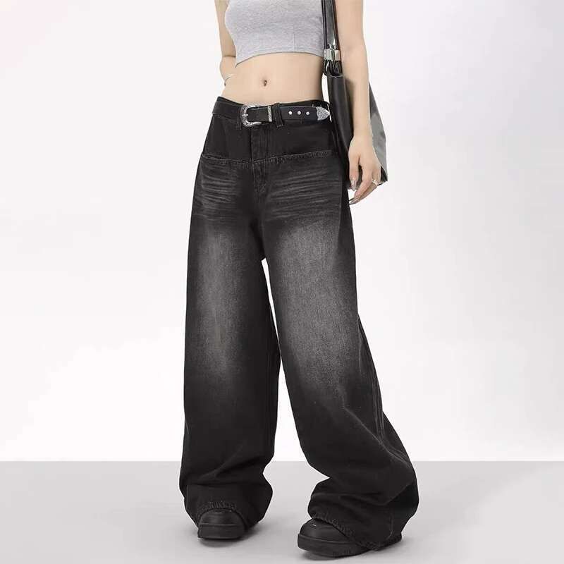 Designer Clothes Oversized Retro Black Wide Leg Pants For Women Chic Y2k Low Waist Baggy Trouser Mens Barrel Jeans Streetwear