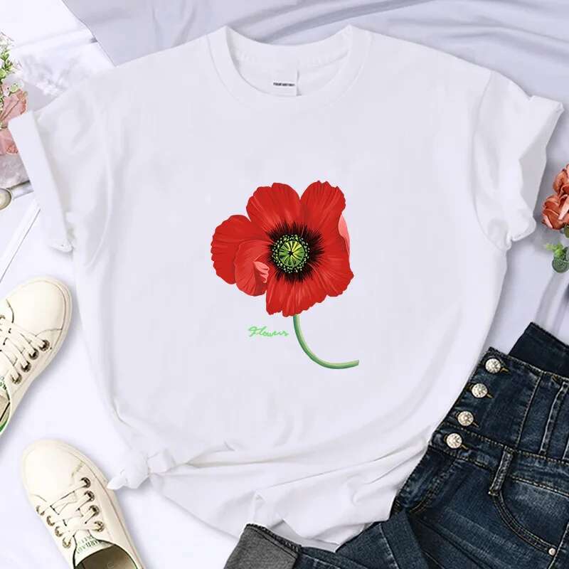 Brand Flower For Women's High-Quality Summer Printing T-shirt 100% Cotton Casual Oversized Y2k Personality Sleeve O-neck