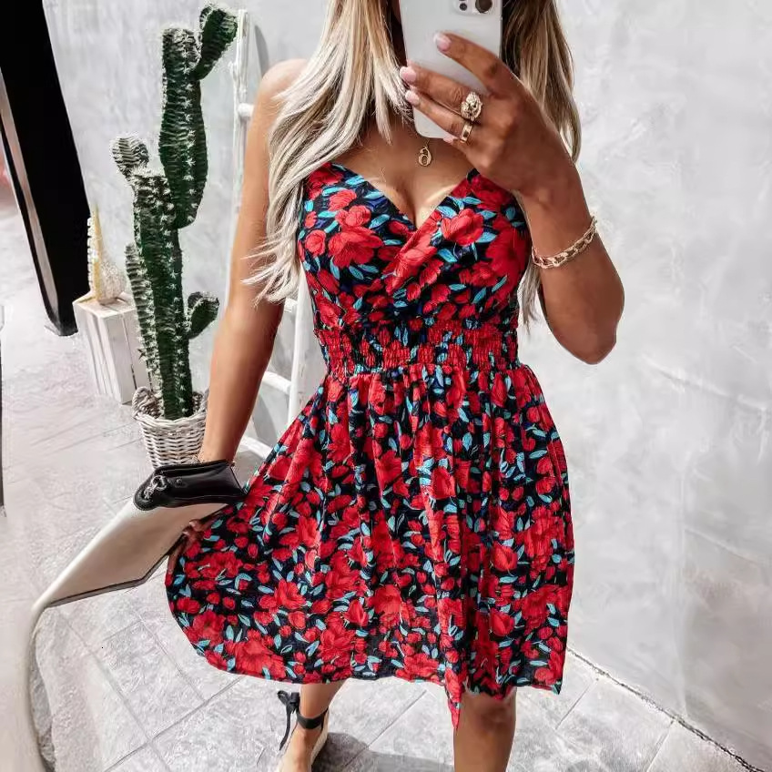 2024 new summer fashion V-neck floral suspender waist cinching dress for women